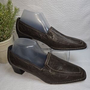 Ara Dark Brown Leather Loafers Square Toe Small Block Heel Womens9.5